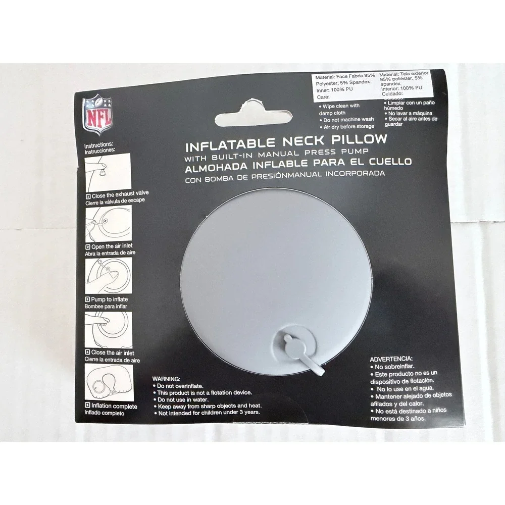 NFL Inflatable Neck Pillow with Built-in Manual Press Pump Travel Accessory NEW